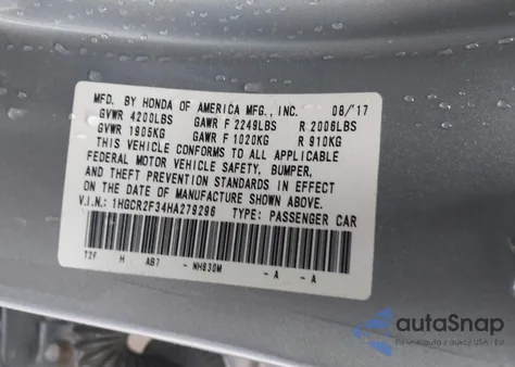 2017 Honda Accord Lx z USA, uszkodzony, nr VIN 1HGCR2F34HA279296